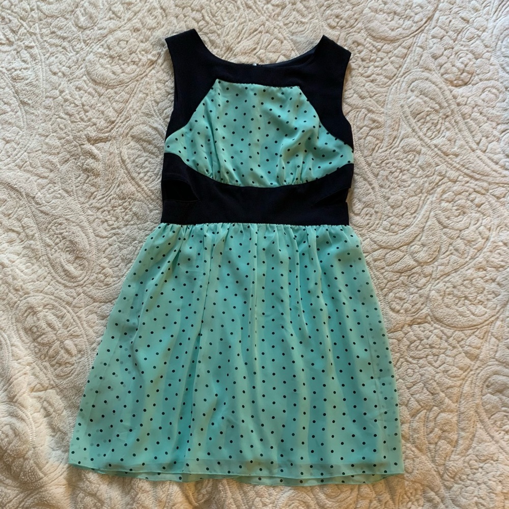 Chiffon navy and teal polka dot dress